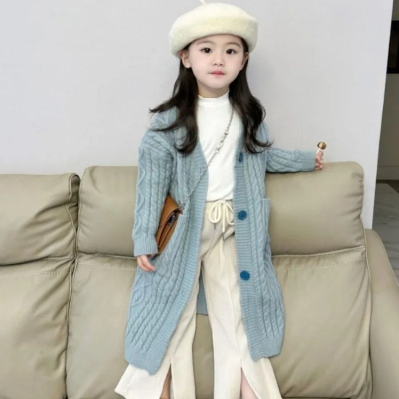 

Осень-зима 2022, корейский стиль, синий вязаный кардиган большого размера для девочек, модное пальто средней длины