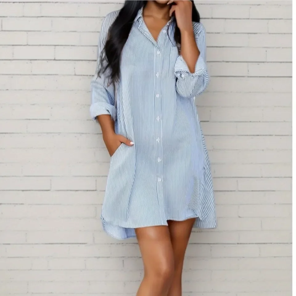 

Casual Printed Striped Shirt Women's Dress Spring Summer New Fashion Loose Pocket Shirt Female Beach Holiday Dresses 2025