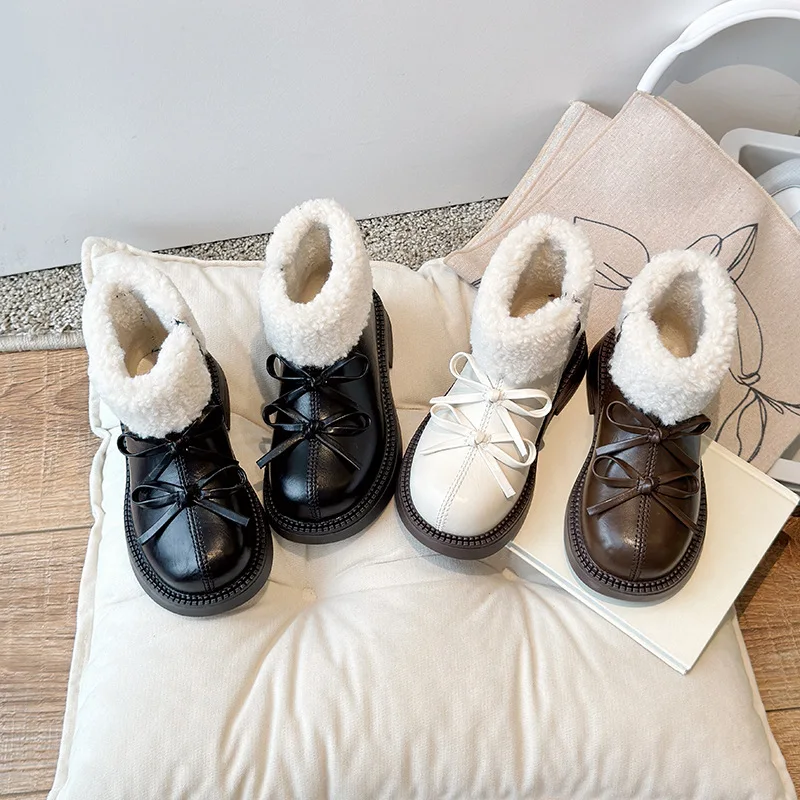 2024 Winter New Fashion Cotton Boots for Girls Korean Double Bowtie Kids Shoe Lamb Wool Warm Children Ankle Boots Princess Botas
