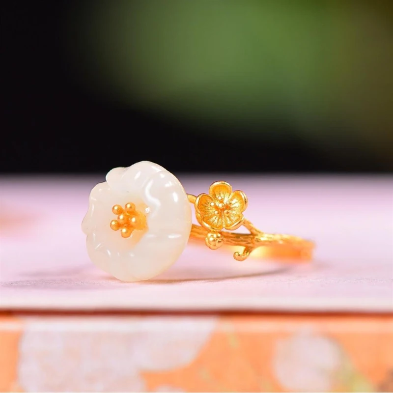 

Elegant vintage natural Hotan Jade white flower rings for women classic ancient gold craft new in banquet party ring jewelry