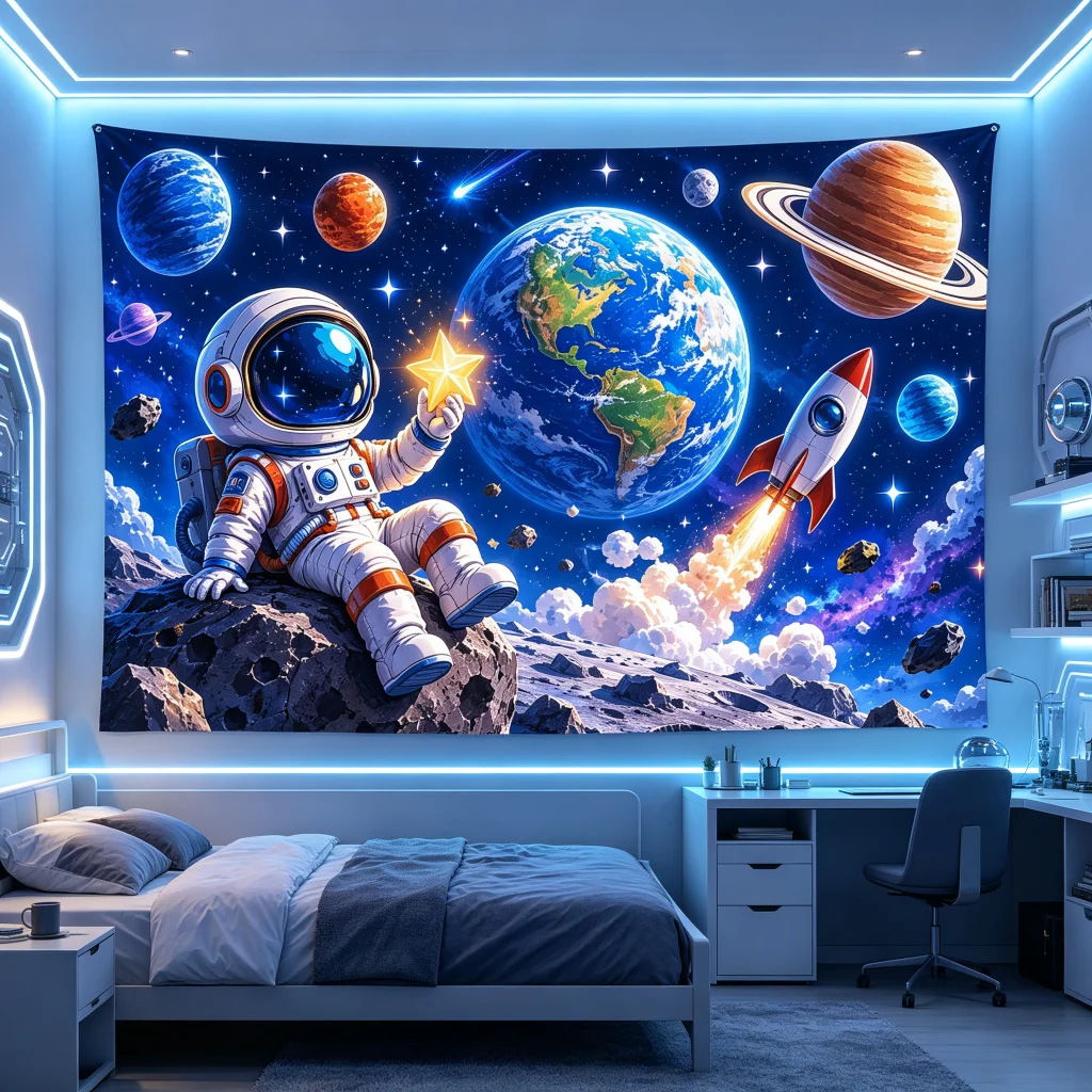 1PC Space Astronaut Planet Rocket Stars Print Backdrop Banner, Bedroom Photo Background, Polyester, Halloween Party Decoration