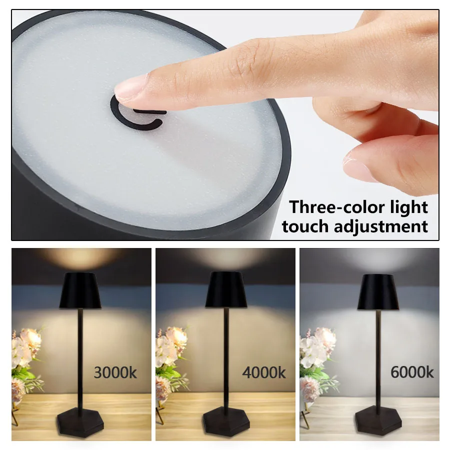 3 Colors Table Lamp LED Touch Sensor Desktop Night Light Rechargeable Wireless Reading Lamp for Restaurant Hotel Bar Room Decor