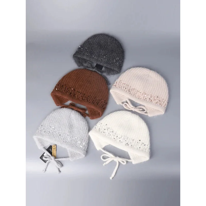 

Sequined Knitted Rabbit Fur Blended Split Design Woolen Bomber Cap Women Winter Warmth Outdoor Protection Ear Knitted Beanie Cap