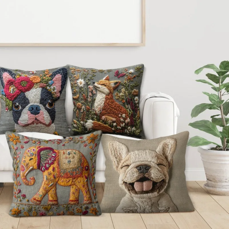 45cm Vintage Elephant Print Pillow Case Bohemian Style Dog Fox Sofa Cushion Cover Flower Bird Sheep Car Bed Decorative Pillowcas