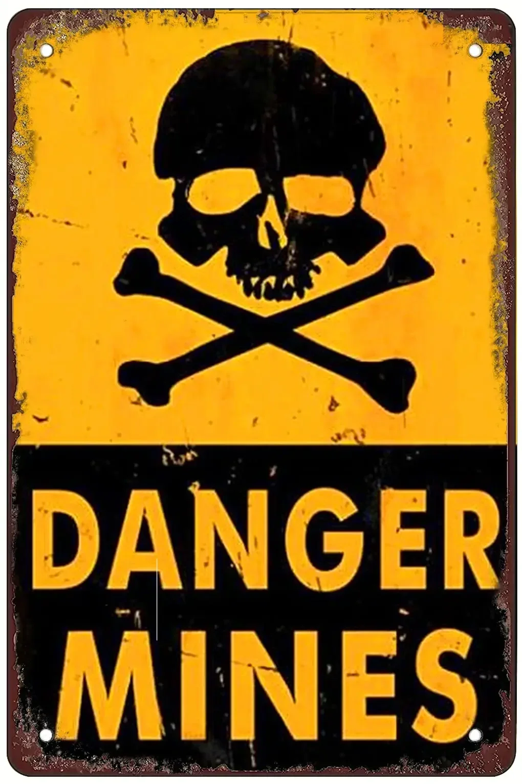 Retro Yellow Black Skull Danger Mines Warning Printed Metal Sign Rustic Hazard Wall Plate Garage Yard Outdoor Hanging Wall Decor