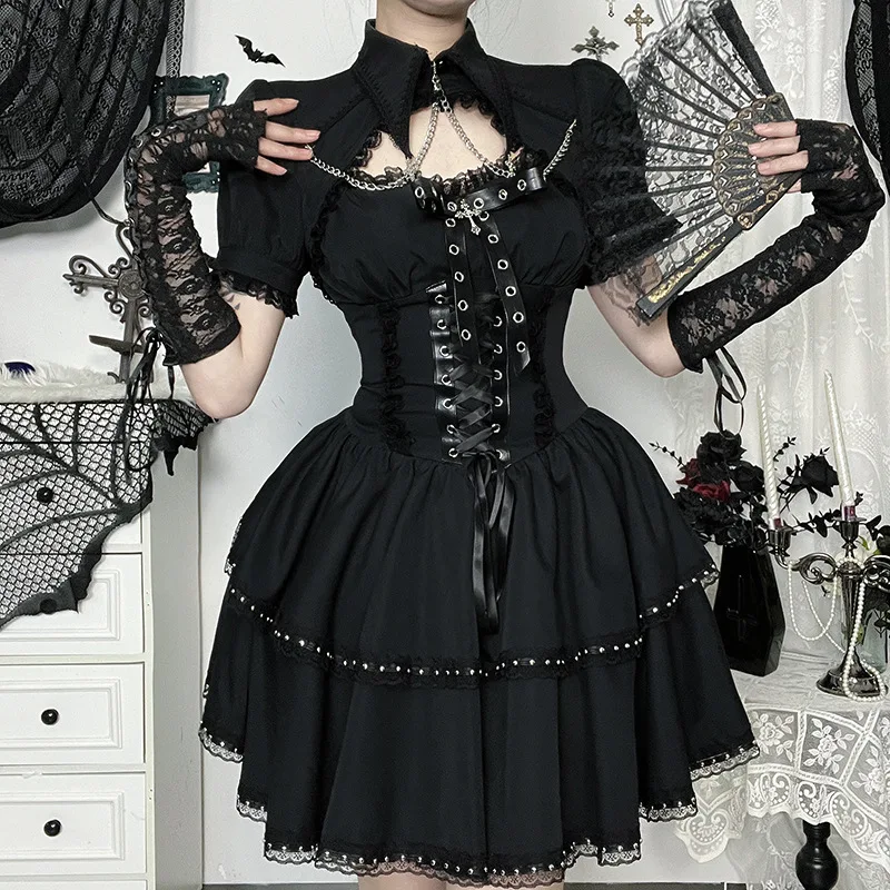 Grembiule vintage gotico Hotsweet da donna stile palazzo scuro elegante manica a sbuffo patchwork in pizzo colletto rovesciato top corto