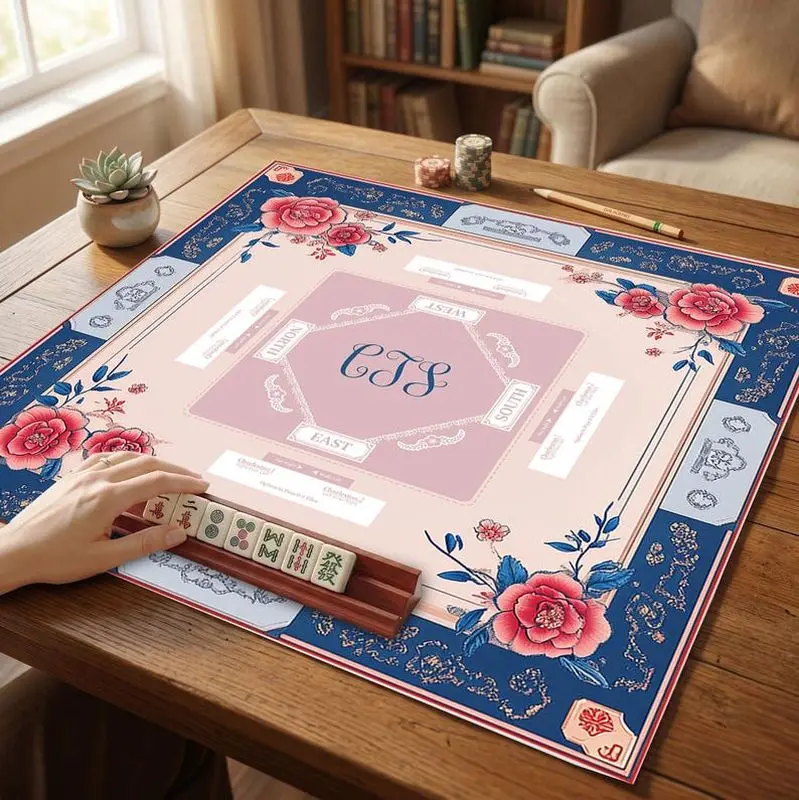 VIKAMA Peony Monogram Mahjong Mat Non Slip Shock Absorb Pad Family Mahjong Poker Domino Table Cover