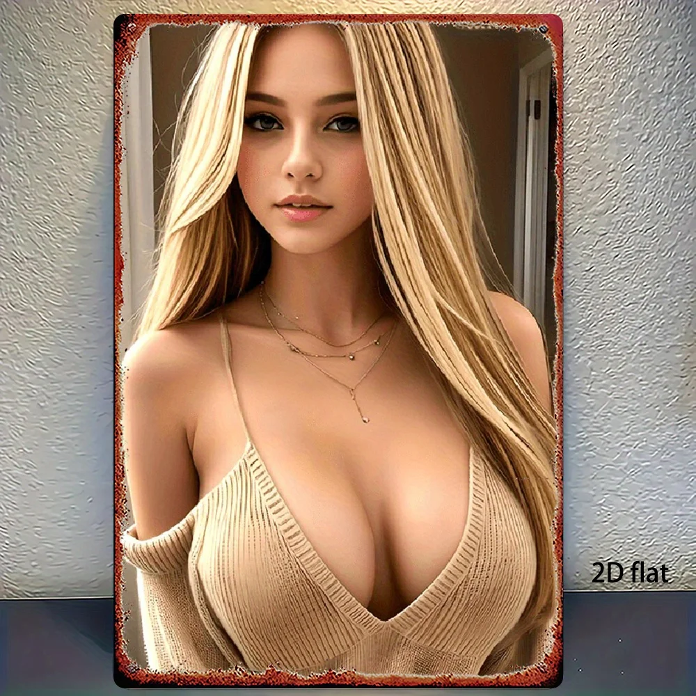 Aluminum Metal Sign, Pin-Up Blonde Woman in Beige Knit Top With Necklaces Print Wall Decor Plaque for Man Cave Bar