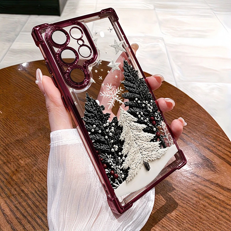 Snowflake Christmas Tree Burgundy Plating Case For Samsung Galaxy A55 A54 A36 A35 A52 S26 Ultra S25 FE S24 S23 S22 Plus 5G Cover