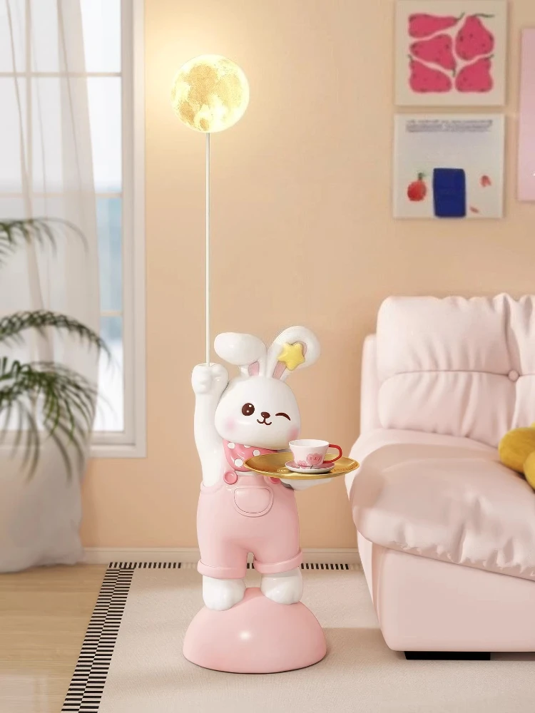 Home Decor Pink Rabbit Statue Tray Floor Ornament Nordic Cream Style Living Room Children's Bedroom Kawaii Small Side Table Gift