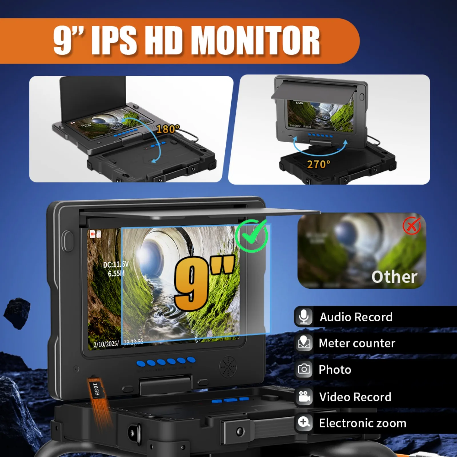 Sewer Pipe Inspection Camera With Locator Meter Counter and Self-Leveling 512HZ 9