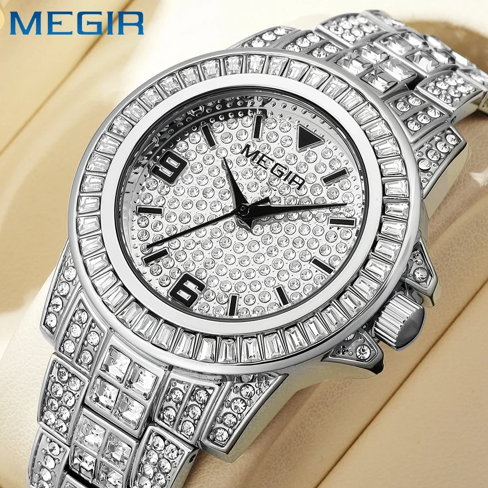 

MEGIR Luxury Diamond Watches Unisex Fashion Analog Quartz Watch Bracelet Wristwatch Men Rhinestone Strap Relogios Masculino