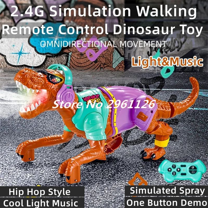 Cartoon Dinosaur Simulation Walking Remote Control Toy 2.4G  One Key Demo Light Music Simulated Spray Hip Hop RC Dinosaur Toy