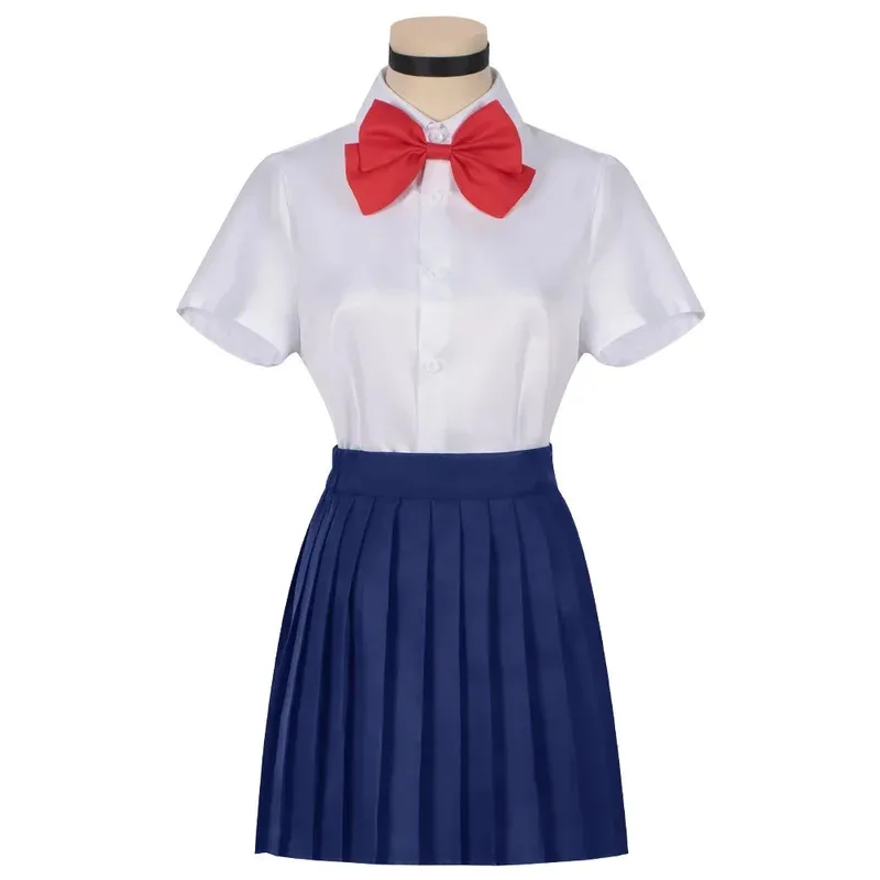 Anime Dandadan Momo Ayase Cosplay Costume Pink Top Blue Skirt School Uniform Earrings Socks Halloween Party Uniform Women Props