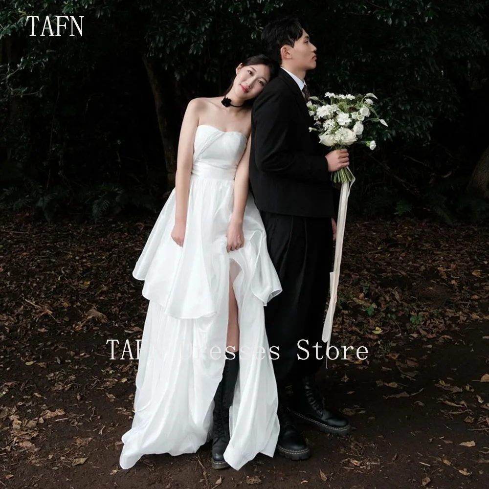 

TAFN White Simple 한국 웨딩드레스 A-line Floor-Length Wedding Dresses Tired Side High Slit Bridal Gown Photo Shoot Custom Made