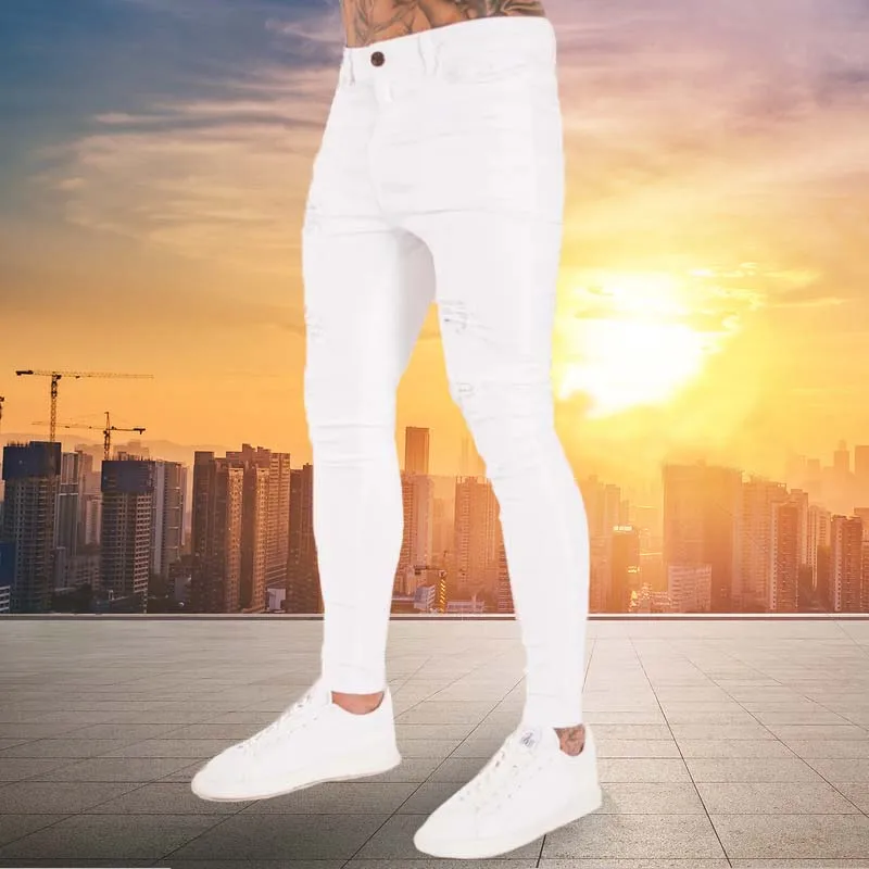 2024 Spring Autumn Daily Casual Jeans Ripped Solid Color Tight Stretch Pants Cycling Men Sports Jeans Street Fashion Men\'s Wear