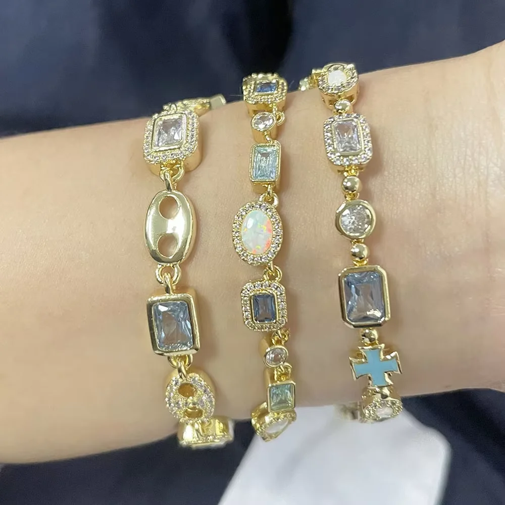 HHIOK Hip Hop Fashion Jewelry Geometric Gemstone Necklace Bracelet Gilded Pig Nose Chain Blue and White Zircon Men's Gift