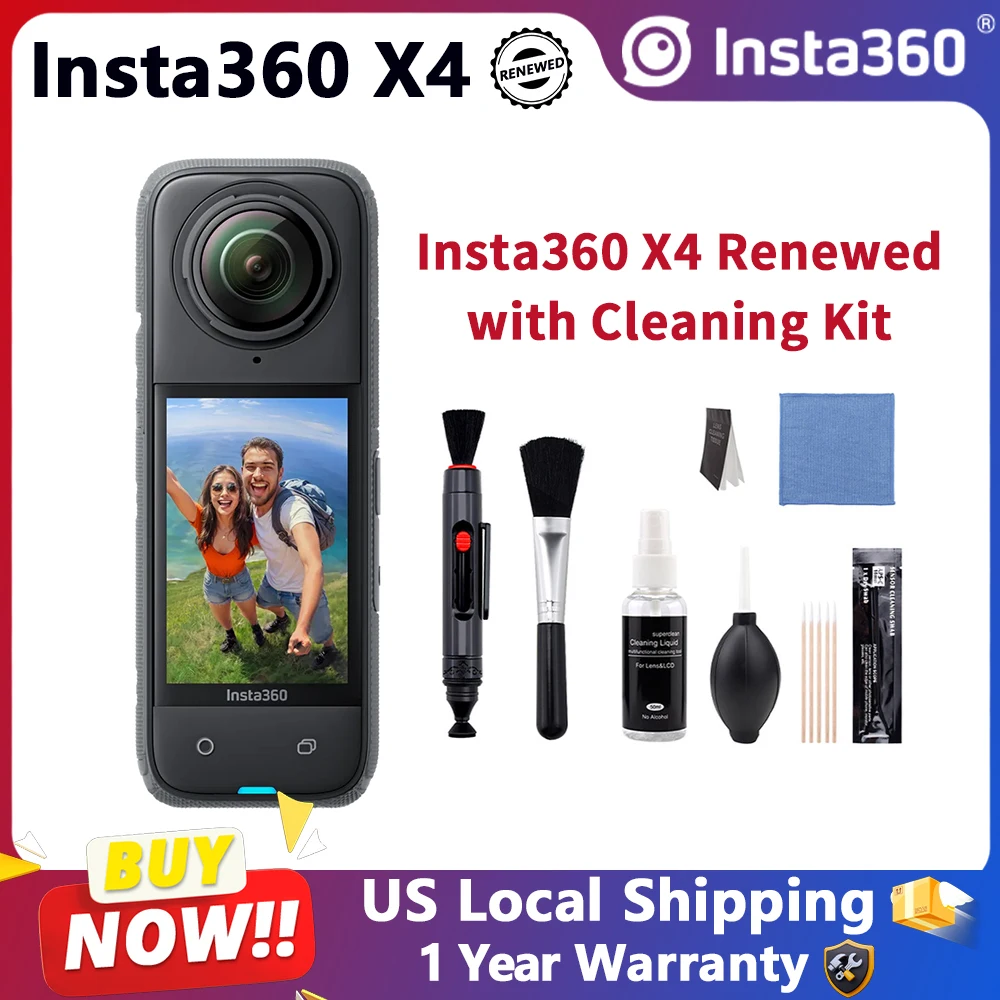 Insta360 X4 8K 360 Panoramic Action Camera Refurbished for Vlogging 10M Waterproof Digital Cameras with Lens Cleaning Kit Anti-Fog Wipes Microfiber Cloth Anti-Fog Lens Design One-Click Reframe