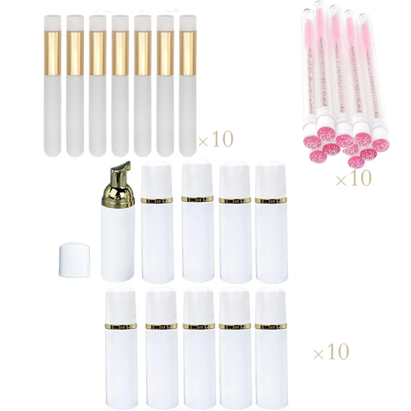 30Pcs 60ML Eyelash Shampoo  Bottle Set Including 10pcs Mascara Brush 10pcs Brush Empty Soap  Refillable Bottles  travel