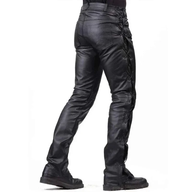 Heren Zwart Matte Motorfiets Lederen Broek Lage Taille Faux Pu Broek Zijverband Mannelijke Splits Stretch Broek Zak Custom