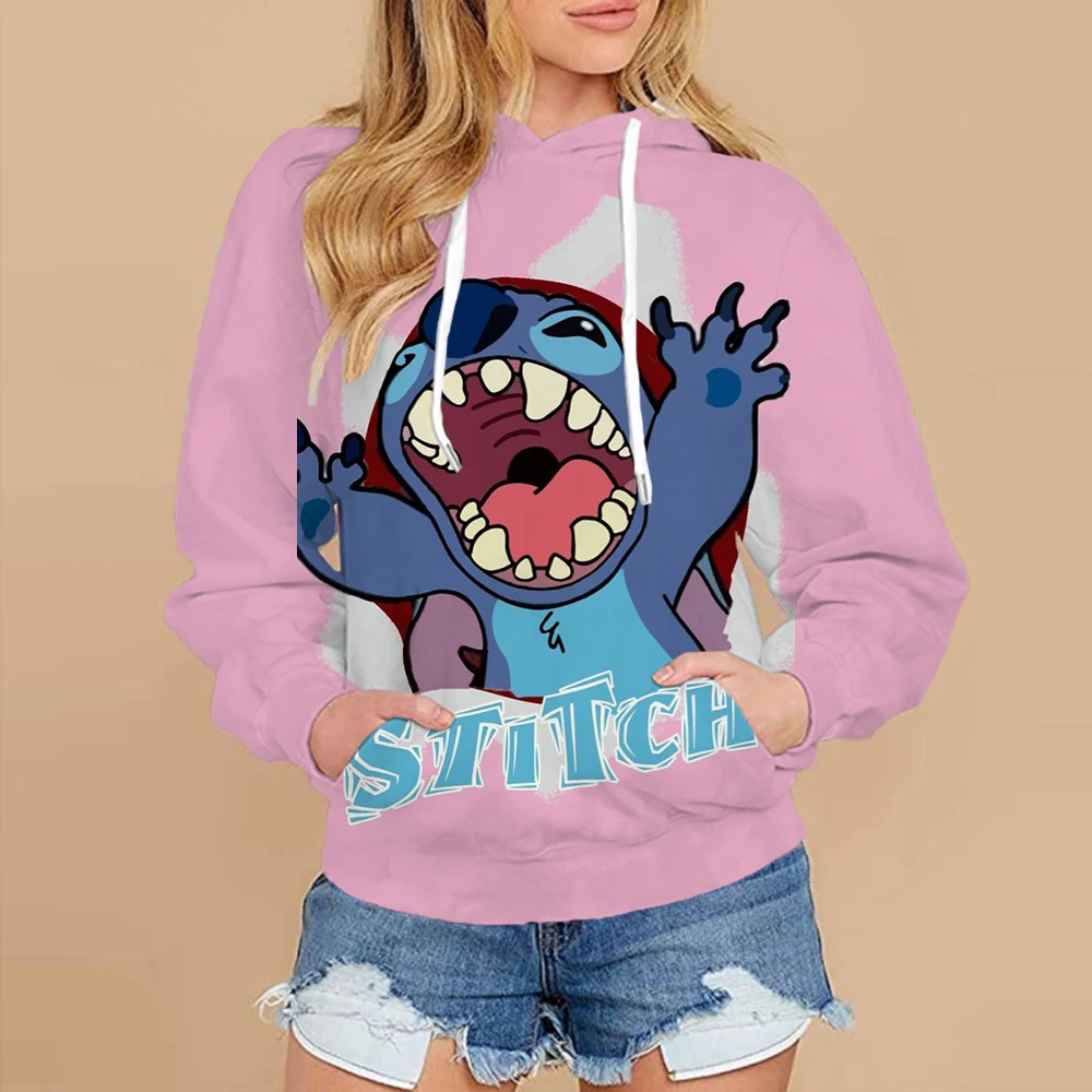 

Christmas Disney Stitch Hoodie Long Sleeve Round Neck T-shirt Autumn/Winter Basic Hoodie Women's Knitted Checkered Sleeve Sports