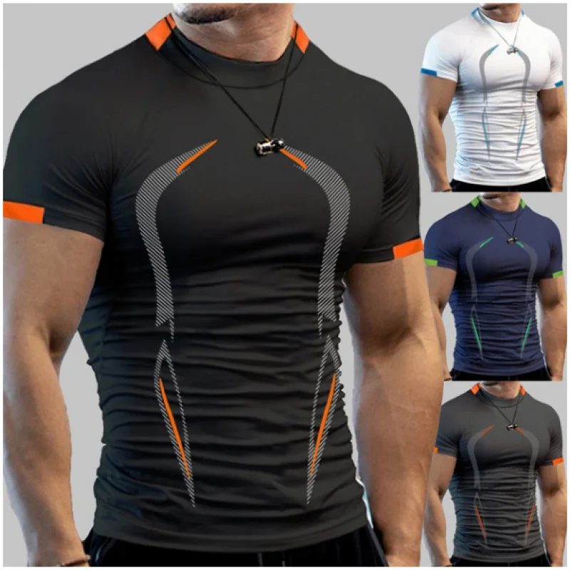 Summer Men's Short Sleeve T-Shirt Workout Training Breathable Quick Dry Shirt Elastic