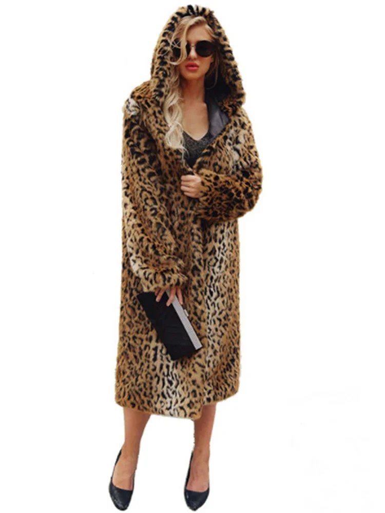 Casaco comprido de pele imitação feminino, estampa leopardo na moda, jaqueta solta com capuz, elegante e elegante, luxo e versátil, inverno