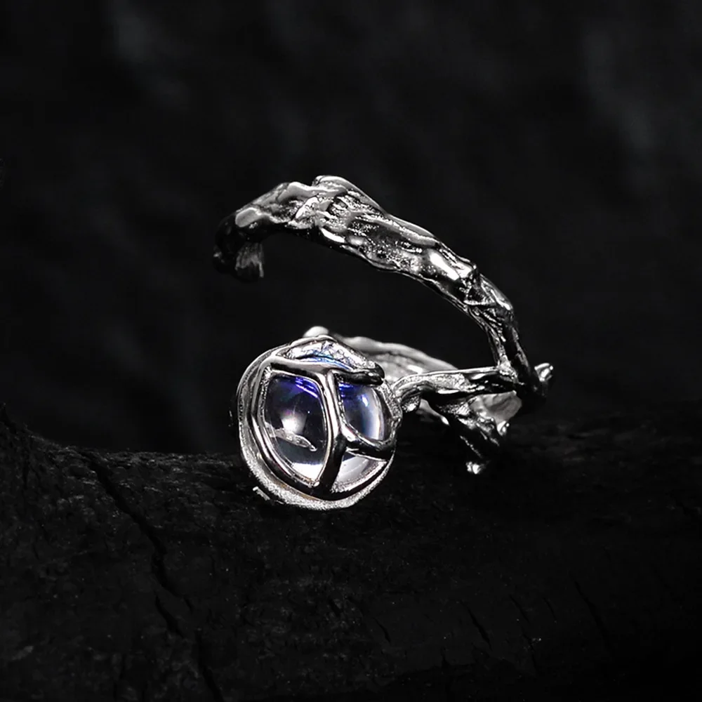 

Youth of Vigor Alien Irregular Solid 925 Silver Ring Moon Stone Rough Pattern Party Open Rings R1199