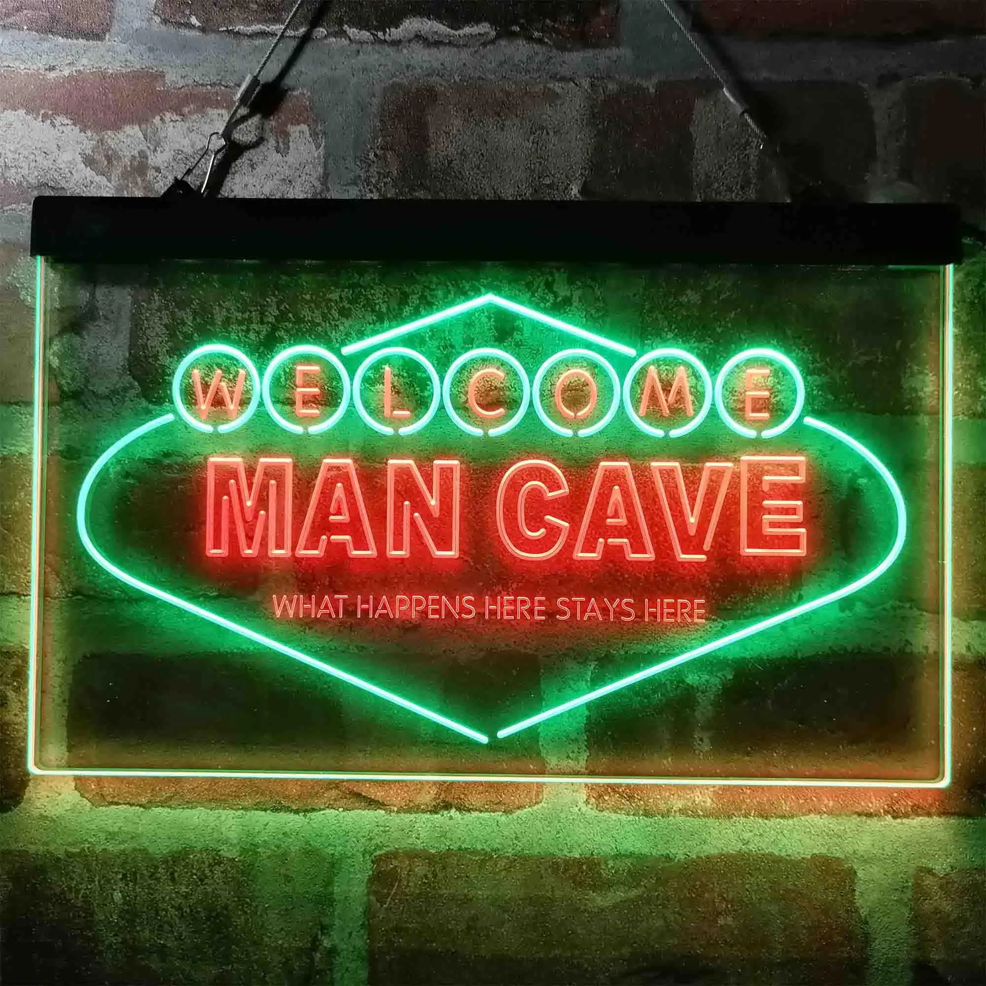 

Man Cave. Welcome. What Happens Here Stays Here Dual Color Led Neon Sign st6-i3976