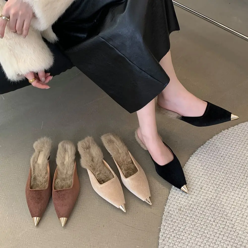 Flock Women Slides Slippers Pointed Toe Outside Slides Thin Low Heels Beige Brown Black 2023 New Arrivals Casual Dress Sheos 39