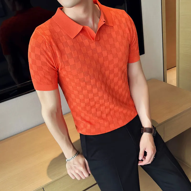 Men Polo Shirt 2023 Summer New Thin Ice Silk Elastic Casual Slim Fit Knitted Short Sleeve Polo Shirts British Style Men Clothing