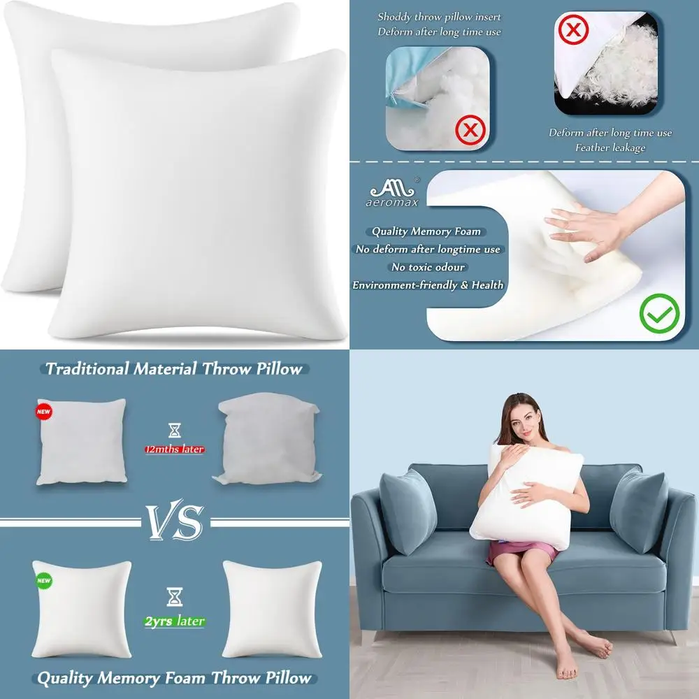 

Memory Foam Pillow Inserts, Set of 2, 22x22 Inches, Square Throw Pillows for Home Decor
