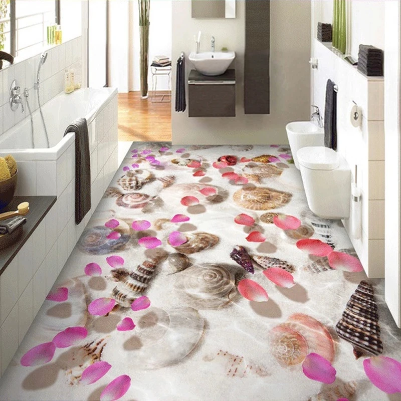 Custom 3D Photo Beach Shells Water Petals Bathroom Living Room Bedroom Floor Sticker Self Adhesive Wallpaper Mural Waterproof 8d
