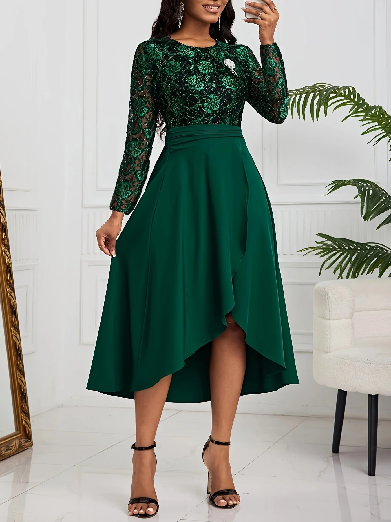 Conjunto de vestido de festa de lantejoulas de duas peças, elegante, saia de bainha baixa alta, cor sólida, roupas femininas, roupa formal para ocasiões especiais