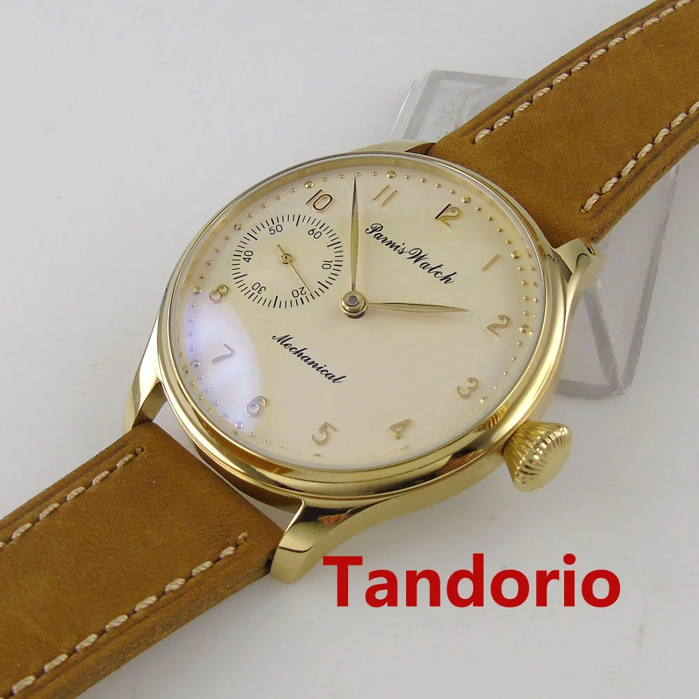 44mm Parnis Fashion 6497 Hand Winding Movement Beige Dial Golden Plated Polished Men Watch Glass Back Small Dial Leather Strap