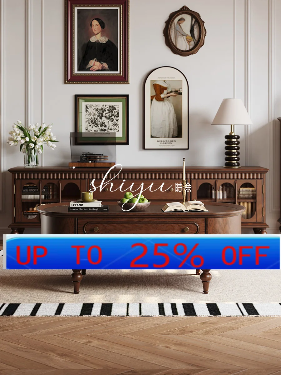 

LMMAll Solid Wood Oval TV Cabinet Combination Set Living Room Small Apartment American Style Second-hand Coffee Table