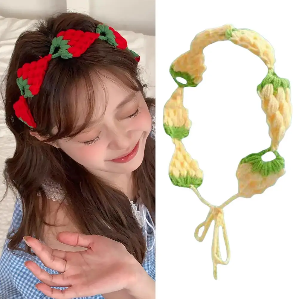 Small Strawberry Knitted Headband Lace-up Headscarf Knitting Strawberry Bandanas Hairband DIY Handmade Hair Accessories