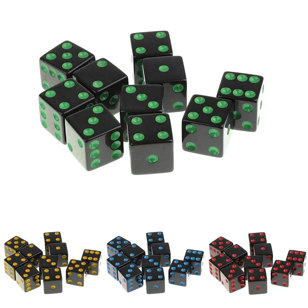 10Pcs Acrylic 6 Sided Opaque D6 16mm Standard Dice Black for D&D Board Games