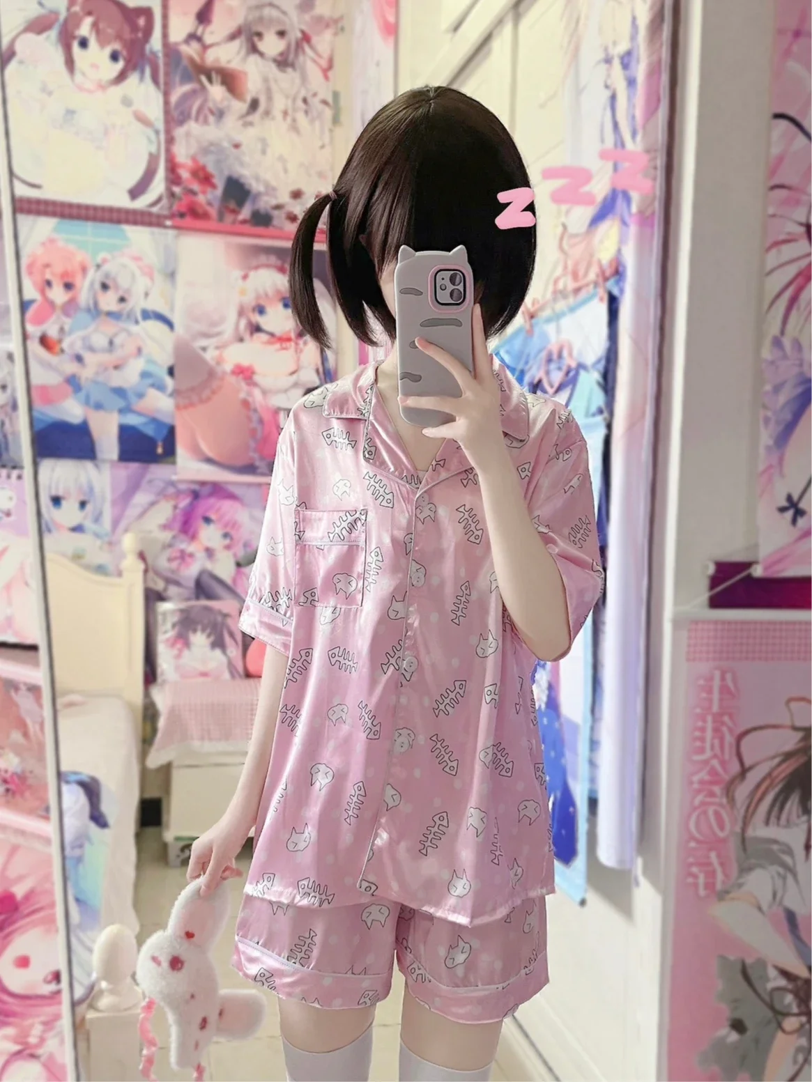 Cat Print Pajamas Two Pieces Sets Cute Long Sleeved Lapel Single-breasted Shirts Elastic Waist Pants Comfortable Homewear