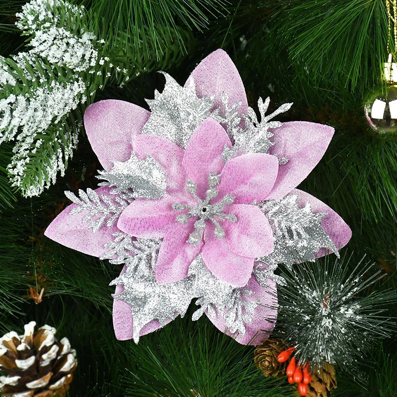 

5pcs Glitter Christmas Flowers Xmas Tree Hanging Ornaments 14cm Artifical Flower For Home 2024 New Year Supplies Navidad Notel