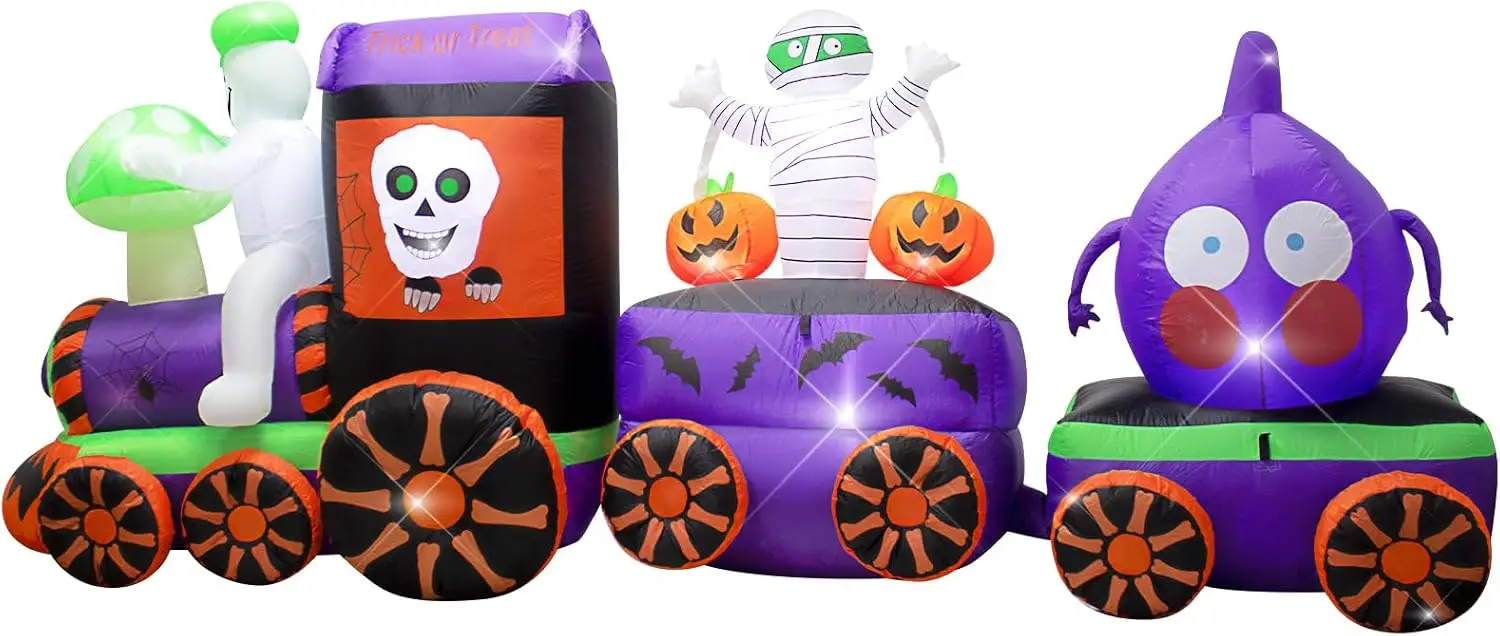 11FT Halloween Inflatables Ghost Train with Mushroom Onion/Mummies/Pumpkin | Easy Setup,Built-in LEDs, Blow Up Indoor Outdoor Ha