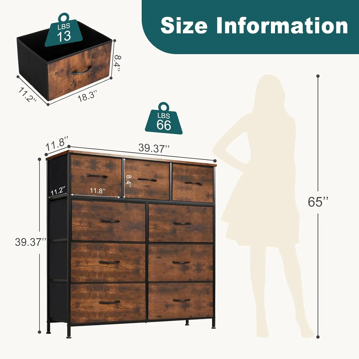 Lemari Pakaian 9 Laci, Lemari Penyimpanan Kain Tinggi dengan Bagian Atas Kayu & Rangka Logam untuk Mengatur Pakaian