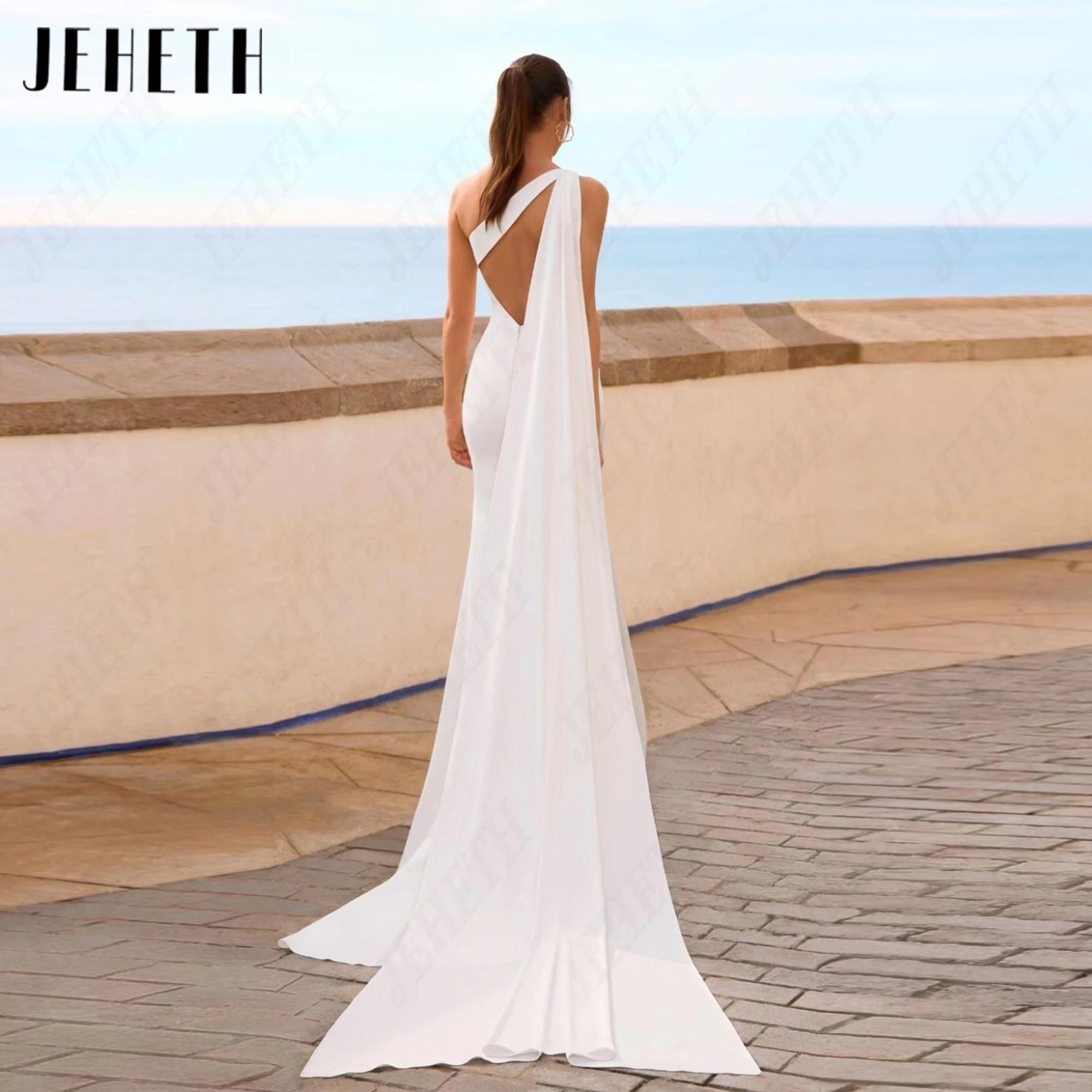 JEHETH One‑Shoulder Satin Mermaid Wedding Dress Ruched Draped Cape Panel Court Train Modern Bridal Gown Zipper Back Custom Made