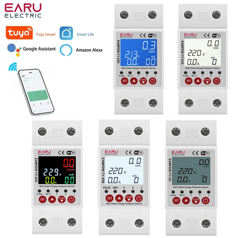 Tuya WiFi Smart Circuit Breaker 2P AC 63A 230V Energy Meter Power kWh Leakage Over Under Voltage Protector Relay Device Switch