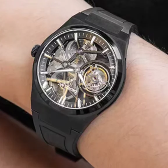 CRONUSART Men Tourbillon Watch 41mm Mechanical Wristwatch Titanium Case Sapphire Mirror Luminous Skeleton Dial Fluororubber