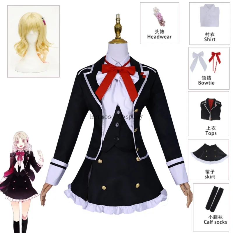 Newly diabolic lovers Komori Yui cosplay costumes rose net wig headwear socks fashion black JK uniform skirt suit full set