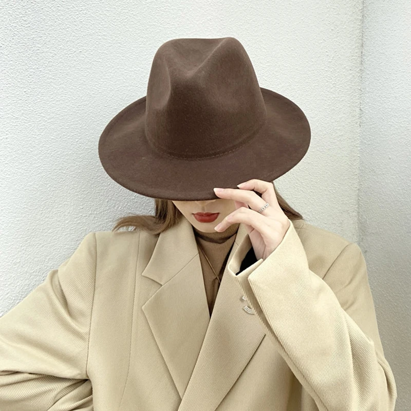 Autumn women\'s new fashion simple wool felt wide-brimmed jazz hat winter casual big head circumference hundred with warm hat