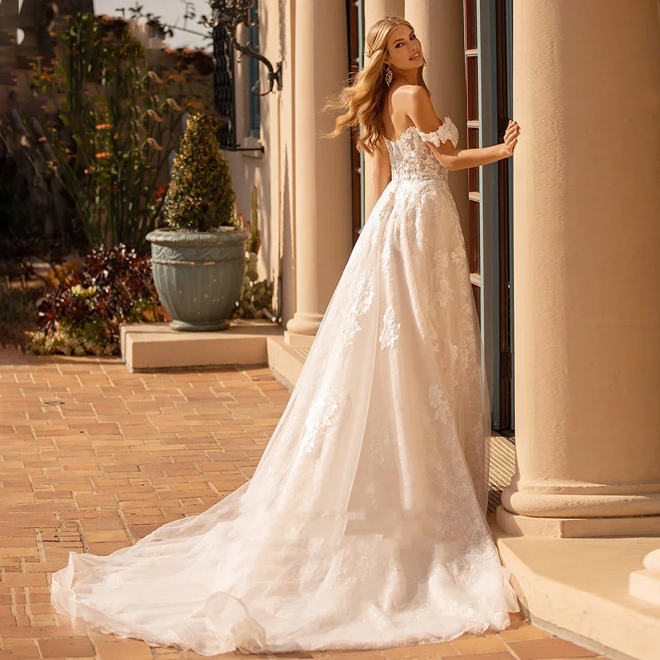 Flavinke Personalizzato A-Line Abiti da sposa Donna Sweetheart Cap Sleeve Appliques Paillettes Flowy Abito da sposa Abiti da sposa