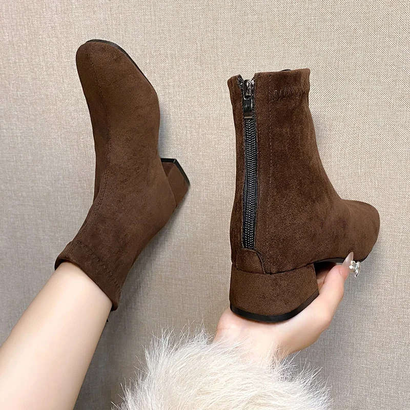 2025 Autumn Winter Suede Women Back Zip Ankle Boots Fashion Square Heel Ladies Elegant Low Heels Short Booties Women's Footwear