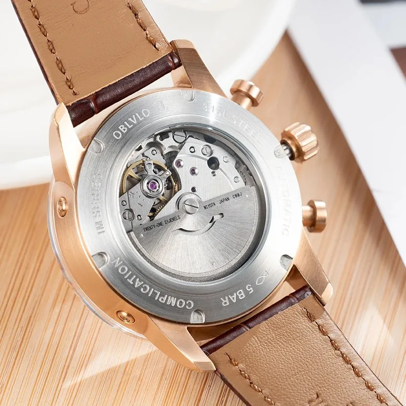 OBLVLO Men Automatic Watch 42mm Moonphase Mechanical Wristwatch Waterproof Luminous Multi-Dial Month Week Date view 3